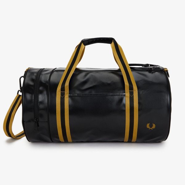Fred Perry Tipped Classic Barrel Bag in Black / Gold - Side view