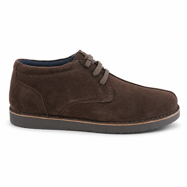 Side view of the Roamers Centre Seam Suede Desert Boots in Dark Brown