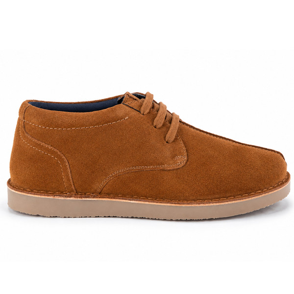 Side view of the Roamers Centre Seam Suede Desert Boots in Tan