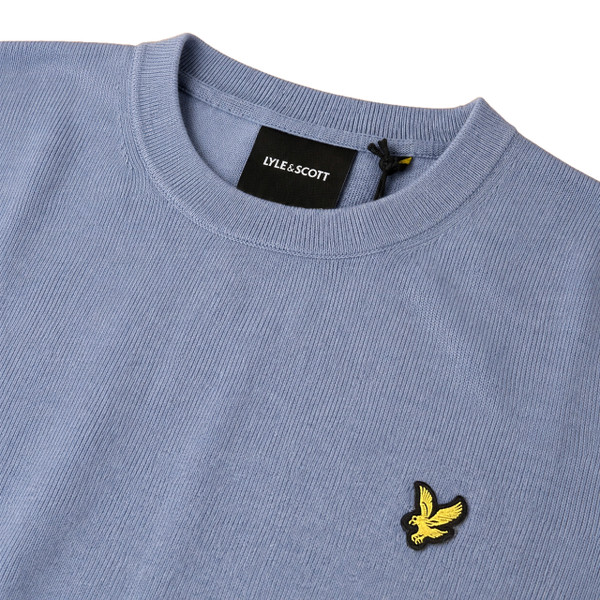 Close up of the Lyle & Scott Cotton Merino Crew Neck Jumper in Power Blue