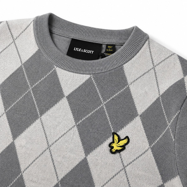 Collar Detail on the Lyle & Scott Cotton Merino Argyle Knit Jumper in Grey Marl