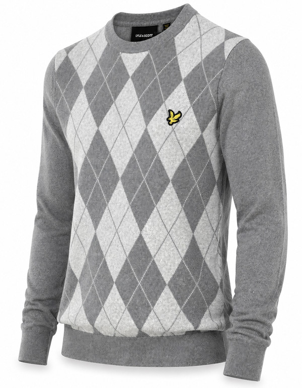Side of the Lyle & Scott Cotton Merino Argyle Knit Jumper in Grey Marl