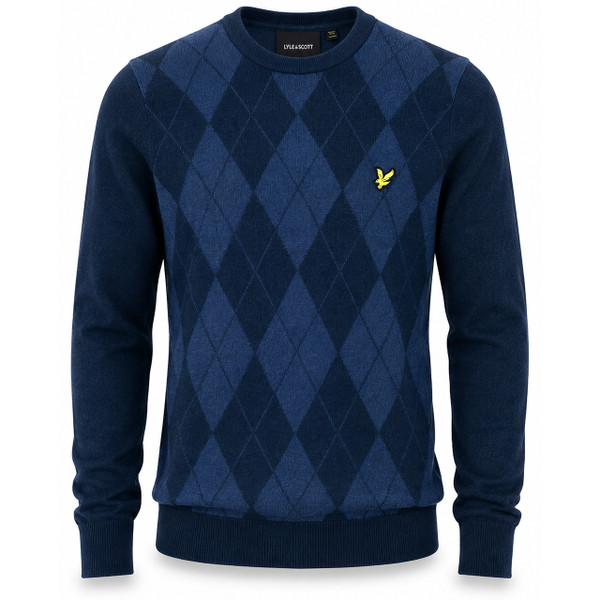 Front of the Lyle & Scott Cotton Merino Argyle Knit Jumper in Dark Navy Marl