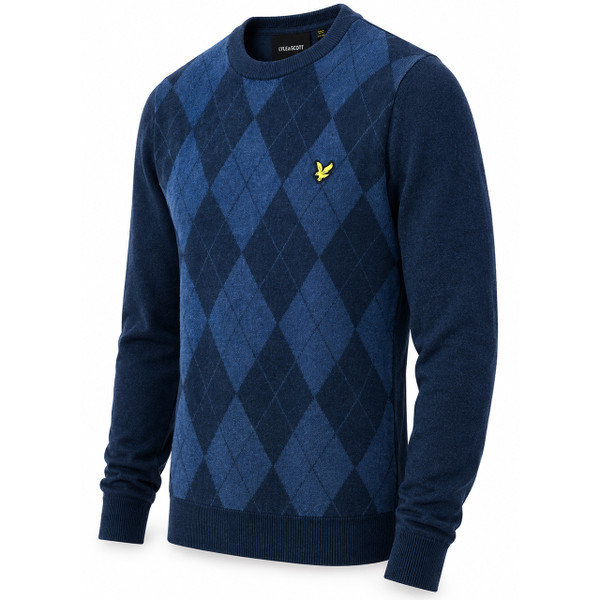 Side of the Lyle & Scott Cotton Merino Argyle Knit Jumper in Dark Navy Marl