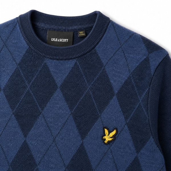 Collar Detail on the Lyle & Scott Cotton Merino Argyle Knit Jumper in Dark Navy Marl