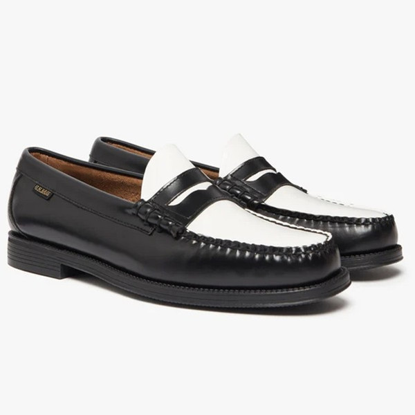 Bass Weejuns Easy Larson Flag 2Tone Leather Penny Loafers in Black / White - Pair of shoes side view at angle