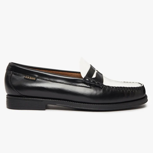 Bass Weejuns Easy Larson Flag 2Tone Leather Penny Loafers in Black / White - Single shoe side view straight