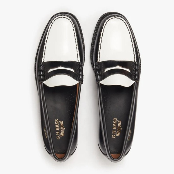 Bass Weejuns Easy Larson Flag 2Tone Leather Penny Loafers in Black / White - Pair of shoes from above
