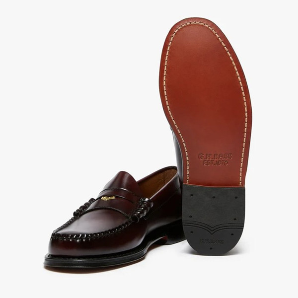 Bass Weejuns Limited Edition 90th Anniversary Heritage Larson Penny Loafer in Wine - Pair of shoes one sole showing