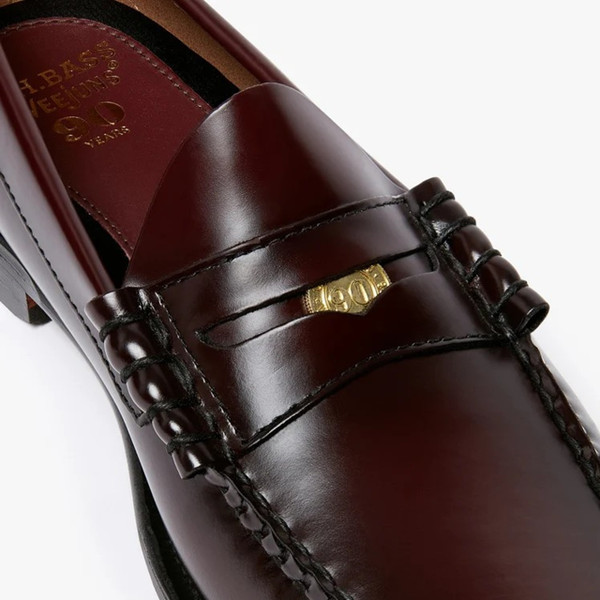 Bass Weejuns Limited Edition 90th Anniversary Heritage Larson Penny Loafer in Wine - Close up 90th anniversary coin