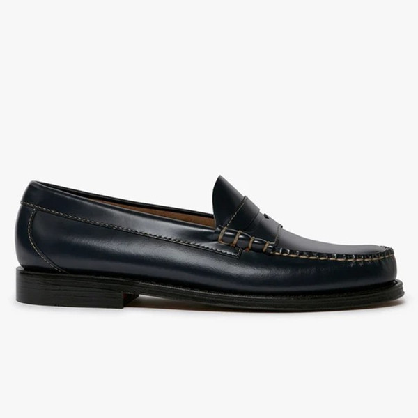 Bass Weejuns Heritage Larson Contrast Stitch Loafers in Navy Leather - Single shoe side view straight