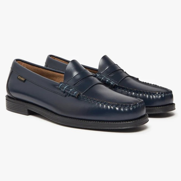 Bass Weejuns Easy Larson Leather Flag Penny Loafers in Navy - Pair of shoes side view at angle