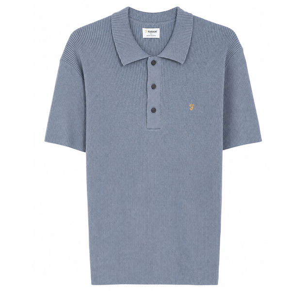 Farah Gerry Men's Retro Rib Knit Polo Shirt in Icelandic Blue - Front Flat