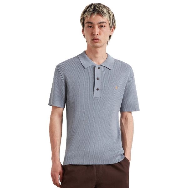 Model Wearing Farah Gerry Men's Retro Rib Knit Polo Shirt in Icelandic Blue - Front Facing