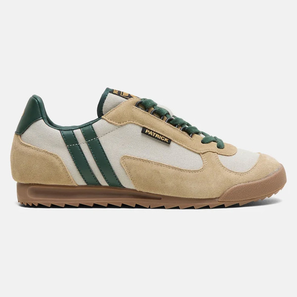 Patrick Forza Runner Men's Retro Trainers in Stone / Dark Green - Single trainer side view straight