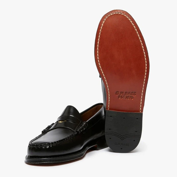 Bass Weejuns Limited Edition 90th Anniversary Heritage Larson Penny Loafer in Black - Pair of shoes one sole showing