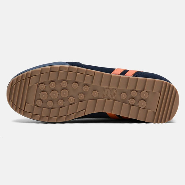 Gum sole on Patrick Rio Runner Men's Suede Trainers in Navy and Orange