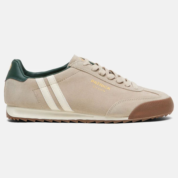 Side view of Patrick Dijon Runner Men's Retro Suede Trainers in Stone/Off White