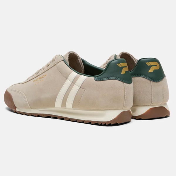 Back heels on Patrick Dijon Runner Men's Retro Suede Trainers in Stone/Off White