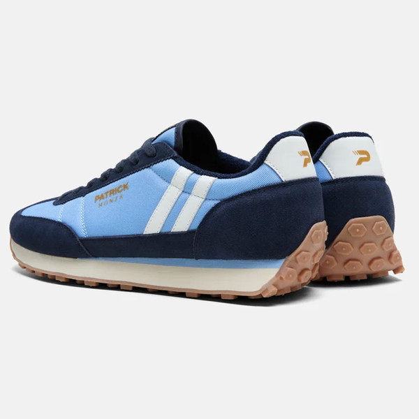 Back runner heel on Patrick Monza Runner Retro Athletics Trainers in Navy/Sky Blue/White