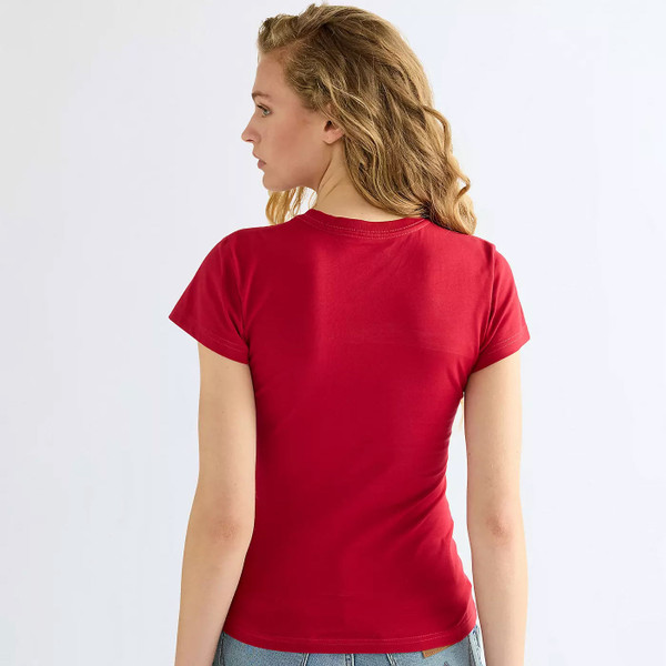 Back of Wrangler Women's Shrunken Band T-Shirt in Chili Pepper Red