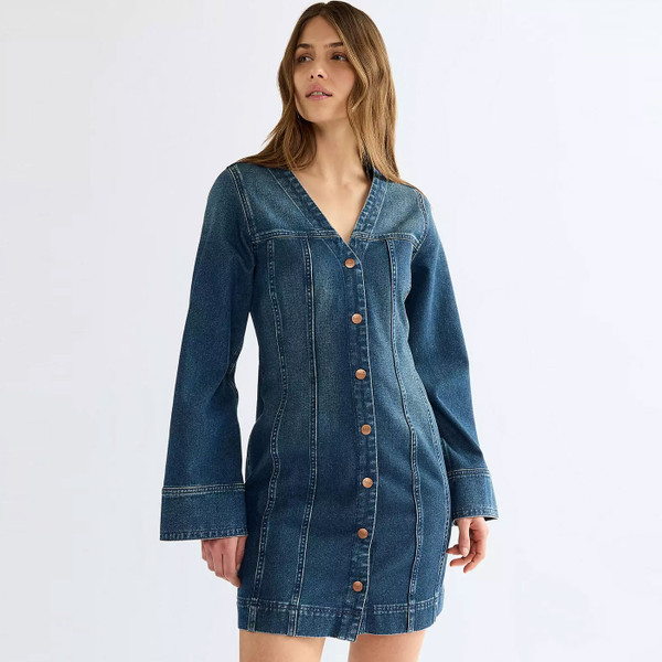 Model wears Wrangler Women's Denim 60s Mod Dress in Saloon Shadow Blue
