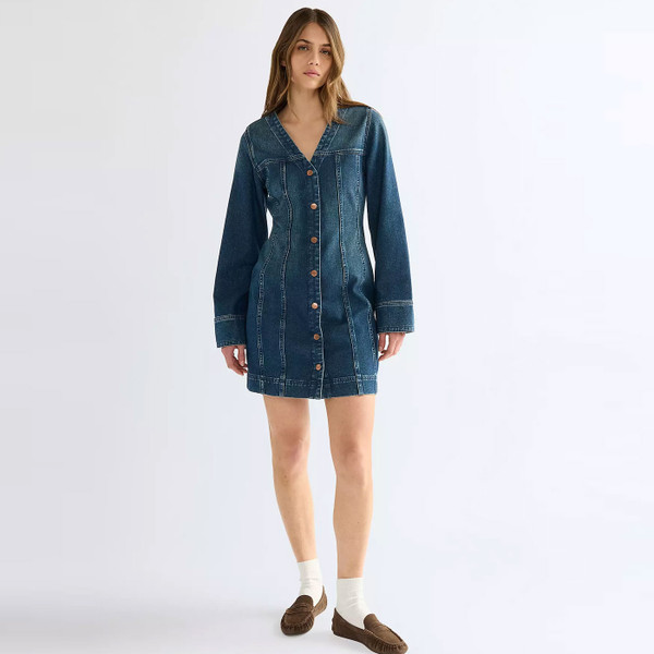 Woman wearing Wrangler Women's Denim 60s Mod Dress in Saloon Shadow Blue