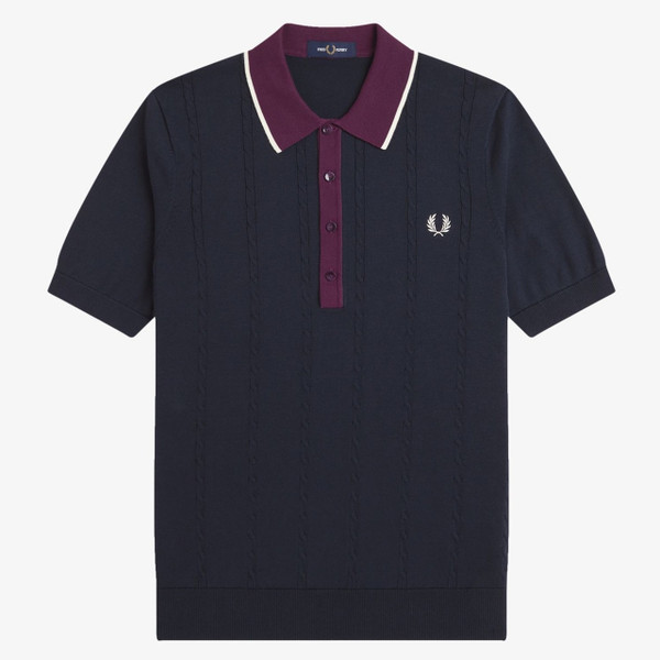 Fred Perry Cable Knit Tipped Polo Shirt in Navy - Front flat