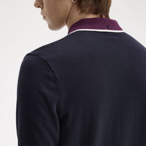Model Wearing Fred Perry Cable Knit Tipped Polo Shirt in Navy - Close up back collar