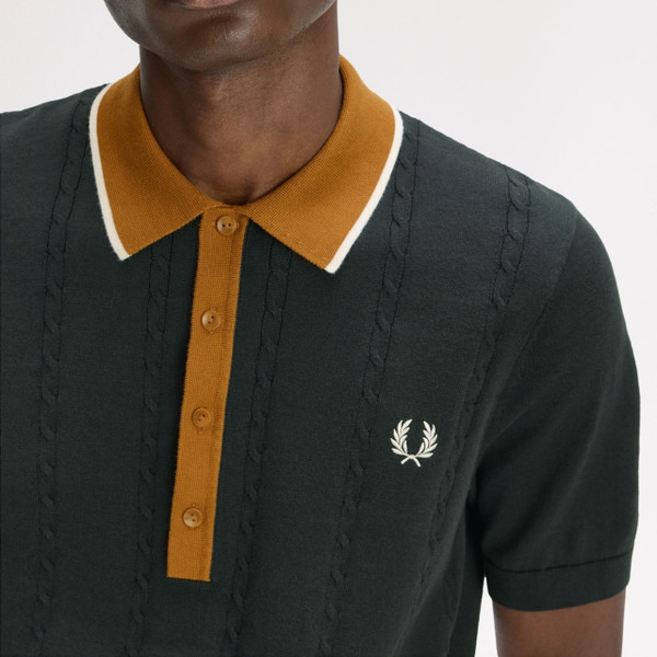 Model Wearing Fred Perry Cable Knit Tipped Polo Shirt in Night Green - Close up placket