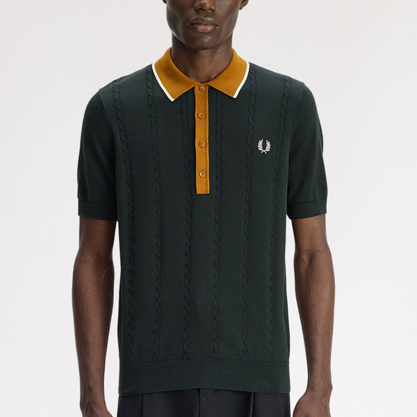 Model Wearing Fred Perry Cable Knit Tipped Polo Shirt in Night Green - Front facing