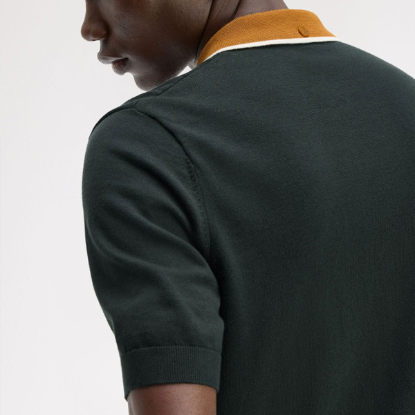 Model Wearing Fred Perry Cable Knit Tipped Polo Shirt in Night Green - Close up back collar