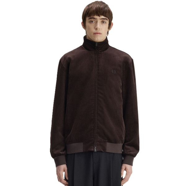 Model Wearing Fred Perry Men's Corduroy Brentham Jacket in Rich Brown - Front facing