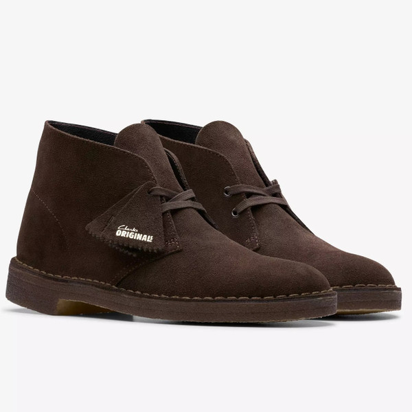 Clarks Originals Men's Mod Crepe Sole Desert Boots in Brown Suede - Pair of boots side view at angle