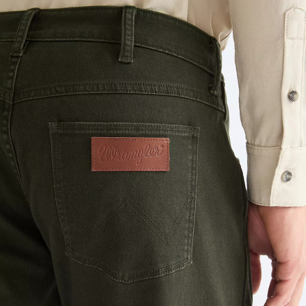 Model Wearing Wrangler Greensboro Men's Straight Twill Trousers in Rosin - Close up back pocket