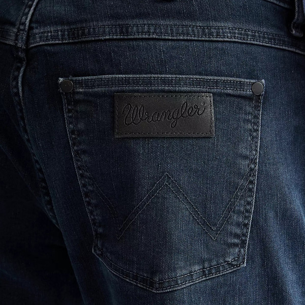 Wrangler Greensboro Men's Straight Medium Stretch Jeans in Iron Blue - Close up back pocket