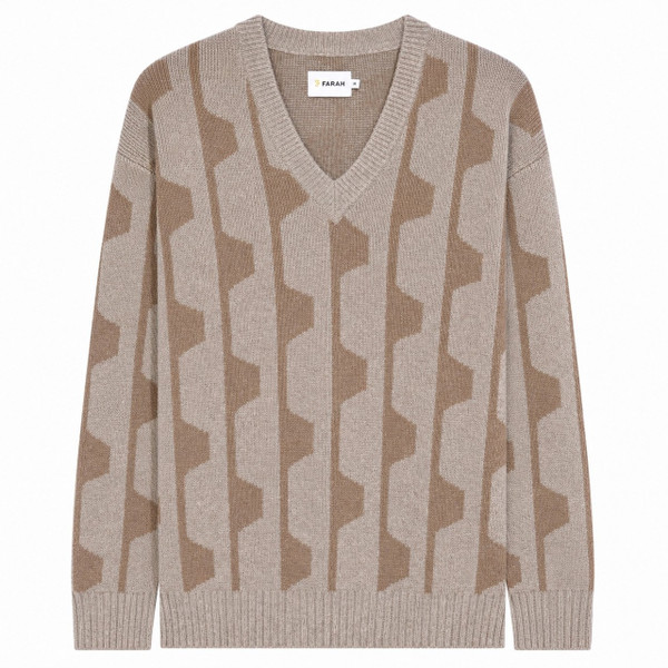 Farah Glynn Men's Relaxed V-Neck Geo Jacquard Jumper in Putty - Front flat