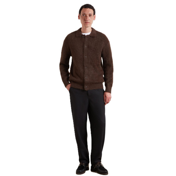Model Wearing Farah Harman Men's Hairy Mod Cardigan in Dark Brown - Front  facing full length