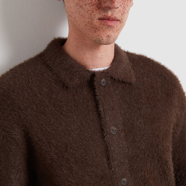 Model Wearing Farah Harman Men's Hairy Mod Cardigan in Dark Brown - Close up chest