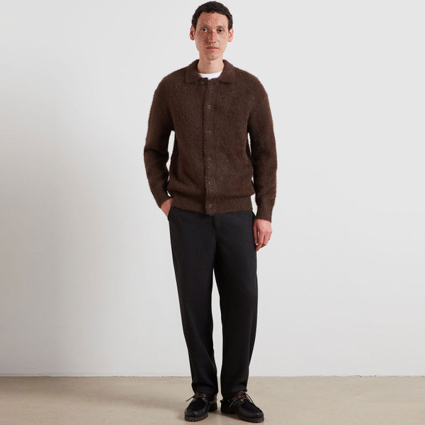 Man wearing Farah Harman Men's Mod Hairy Cardigan in Dark Brown