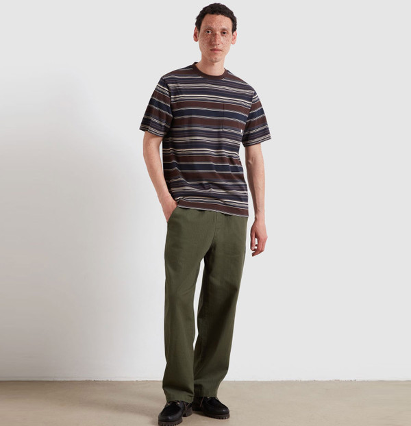 Man wearing Farah Griffin Yarn Dyed Stripe T-shirt in Dark Brown
