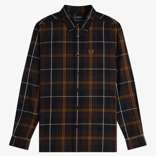 Fred Perry Twill Tartan Long Sleeve Shirt in Rich Brown - Front flat