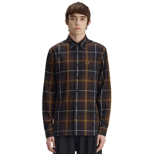 Model Wearing Fred Perry Twill Tartan Long Sleeve Shirt in Rich Brown - Front facing