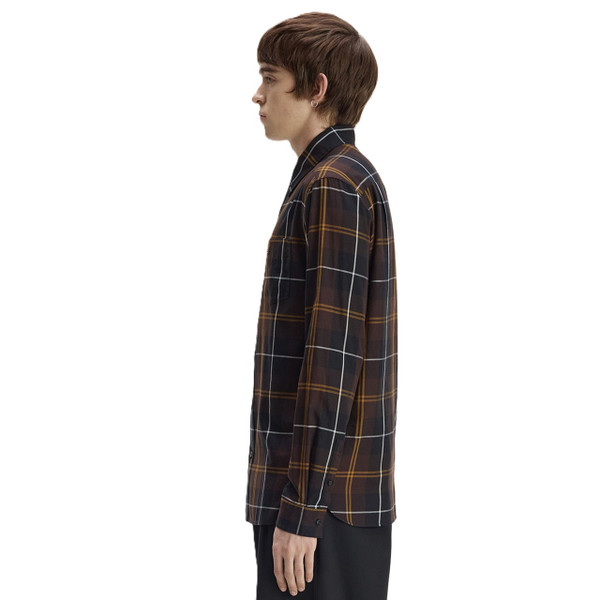 Model Wearing Fred Perry Twill Tartan Long Sleeve Shirt in Rich Brown - Side facing
