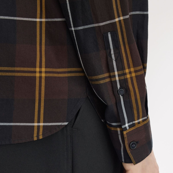 Model Wearing Fred Perry Twill Tartan Long Sleeve Shirt in Rich Brown - Close up cuff