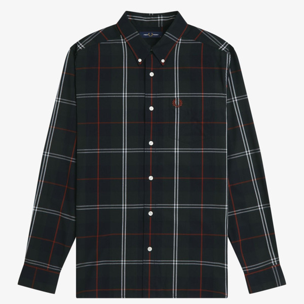 Fred Perry Poplin Tartan Button Down Long Sleeve Shirt in Night Green - Front flat