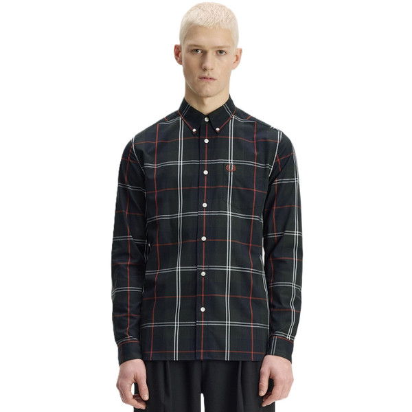 Model Wearing Fred Perry Poplin Tartan Button Down Long Sleeve Shirt in Night Green - Front facing