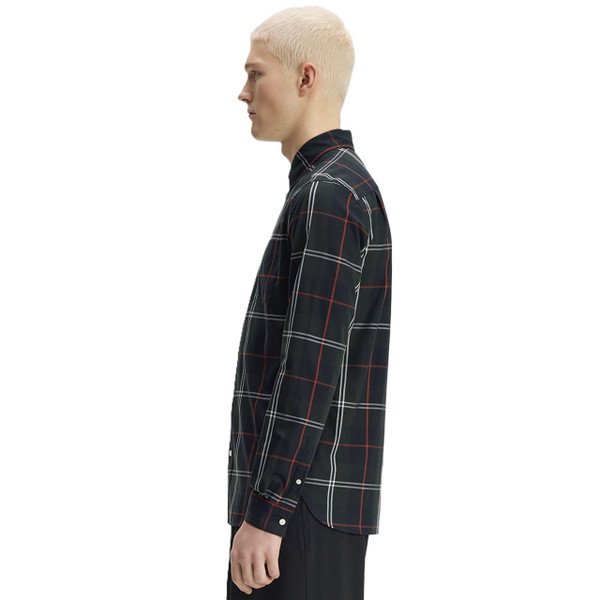 Model Wearing Fred Perry Poplin Tartan Button Down Long Sleeve Shirt in Night Green - Side facing