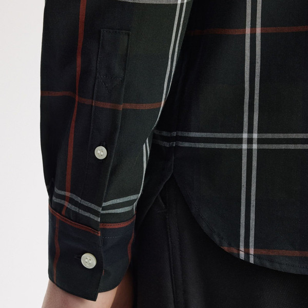 Model Wearing Fred Perry Poplin Tartan Button Down Long Sleeve Shirt in Night Green - Close up cuff