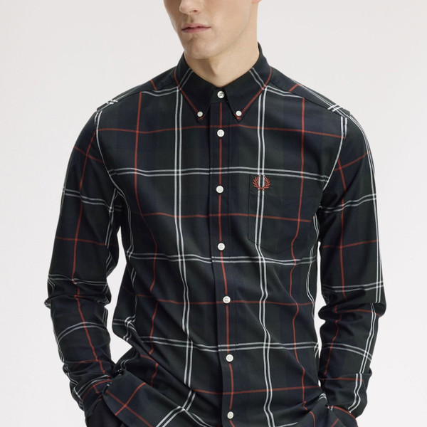 Man Wearing Fred Perry Poplin Tartan Button Down Long Sleeve Shirt in Night Green 